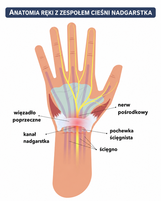Anatomia ręki z zespołem cieśni nadgarstka — nerw pośrodkowy, więzadło poprzeczne, kanał nadgarstka, pochewka ścięgnista