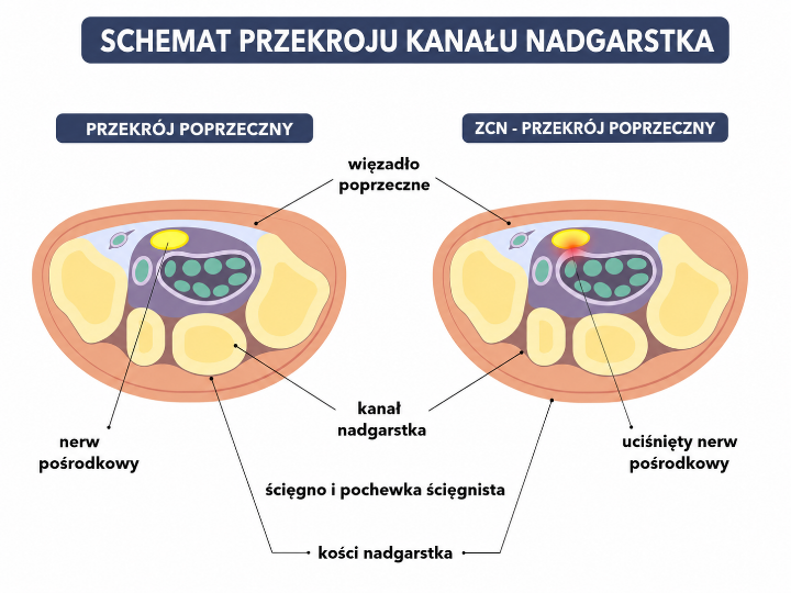 Schemat przekroju poprzecznego kanału nadgarstka — stan prawidłowy i ZCN z uciśniętym nerwem pośrodkowym